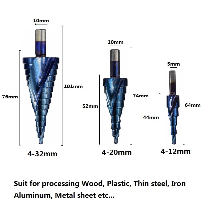Комплект из 3 предметов на возраст от 4 до 12 лет/20/32 мм, буровое долото из высокопрочной стали HSS Супер нано-покрытие синего цвета сверла для Мощность инструменты дыропробивной пресс металлические увеличивающиеся фильтры конуса под названием Matrix Body diamond Cutter PDC