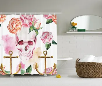 

Skull Shower Curtain Nautical Anchor Flowers Roses and Peonies Vintage Art Painting Bathroom Set Long Pink Orange