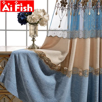 

High-end European Embroidered Half Shading Flax Material Curtain and Tulle for Bedroom Living Room Kitchen Window AP053-40