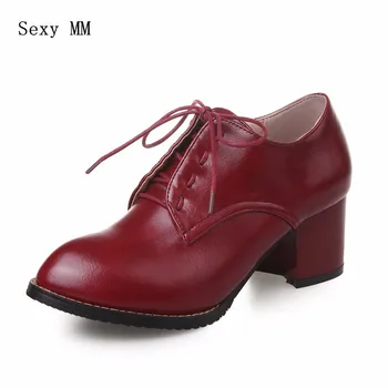 

Women Oxfords Work High Heel Shoes Lace-Up Pumps Office Woman Square High Heels European Ladies Shoes Plus Size 33-40.41.42.43