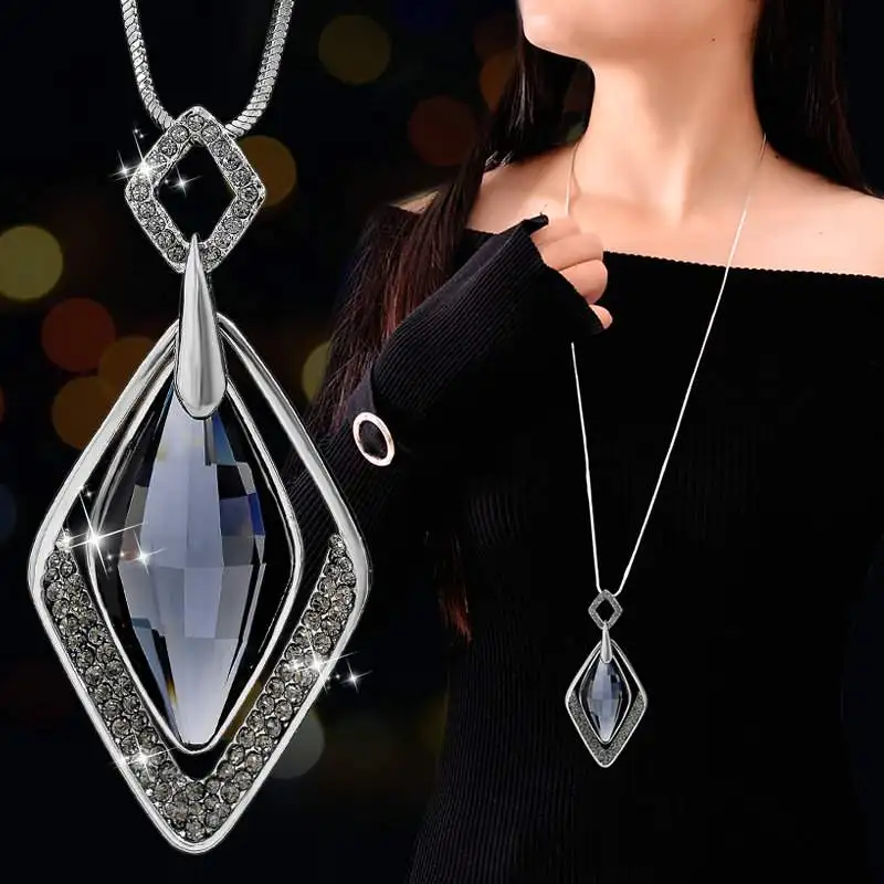 Geometric Long Necklace for Women Fashion Rhinestone Crystal Necklaces