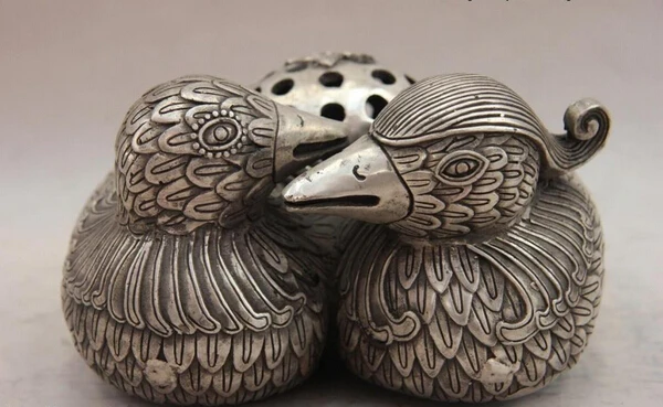 

Elegant old S1571 China White Copper Silver mandarin duck aix galericulata Incense Burner Censer A0403