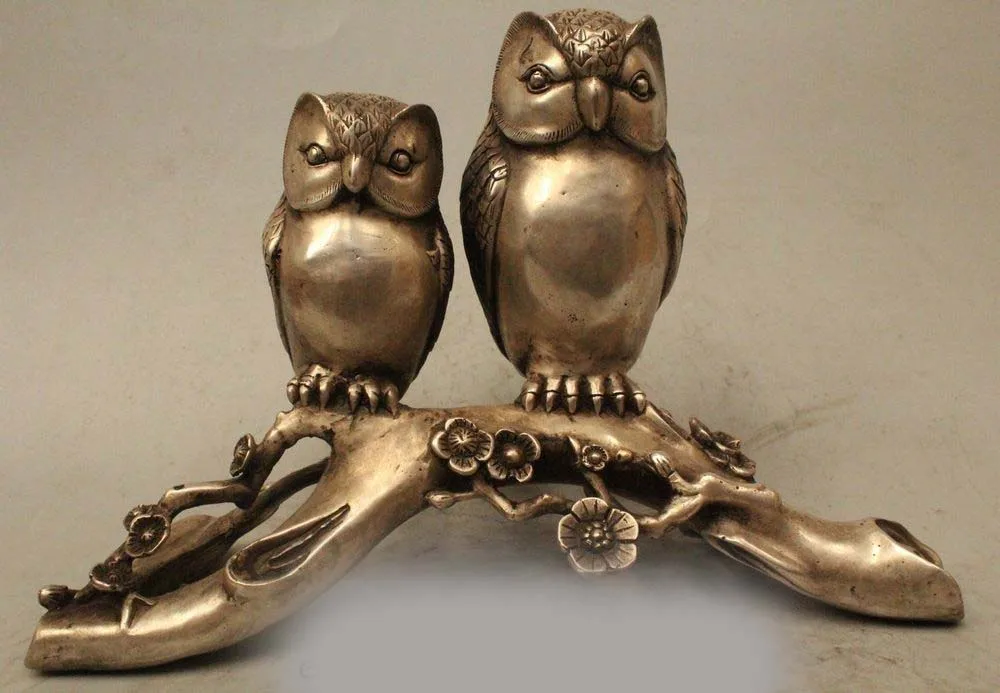 10 &quotНародная китайская Серебряная скульптура резная 2 Love Bird Scout Minerva статуя