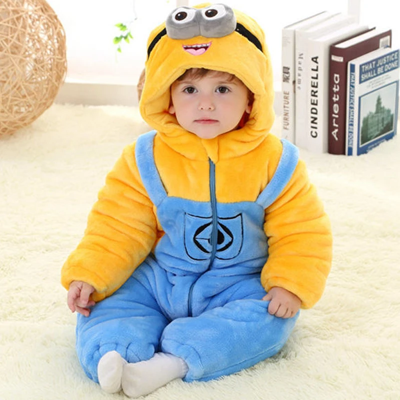Flannel Thicken 3 Layers Baby Minion Clothes Winter Long Sleeve Cartoon Hooded Baby Rompers