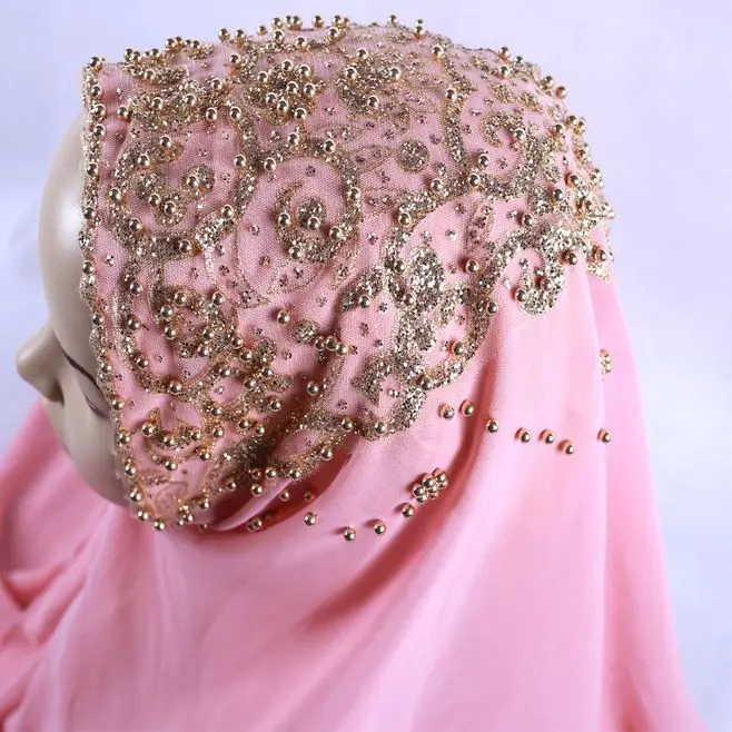 New Arrive Premium Bubble Chiffon Hijab Scarf For Muslim Female Gold Pearl Glitter Islamic Turban Headband Shinny Shawl 170*70cm