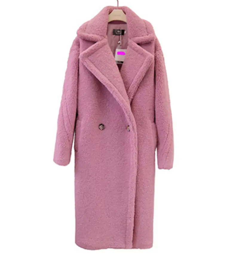 new Fashion Faux Fur Long Coat Women Lamb Fur Coats Autumn Winter Women's Clothing Warm Parkas Outerwear N844 - Цвет: pink