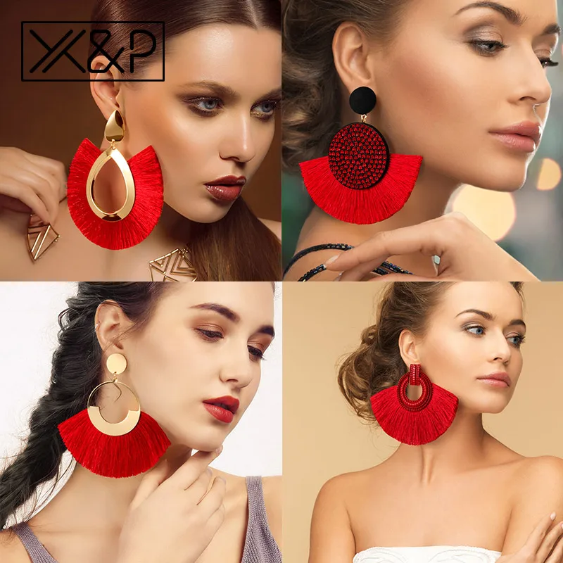 X&P Fashion Bohemian Big Tassel Earrings Statement Large Gold Handmade Brincos Drop Dangle Tassel Earring for Women Za Jewelry