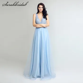 

Vintage Sky Blue Evening Dresses A-Line Lace Top Open Back Chiffon V Neck Prom Gown Sleeveless Floor Length Cheap Handmade LX262