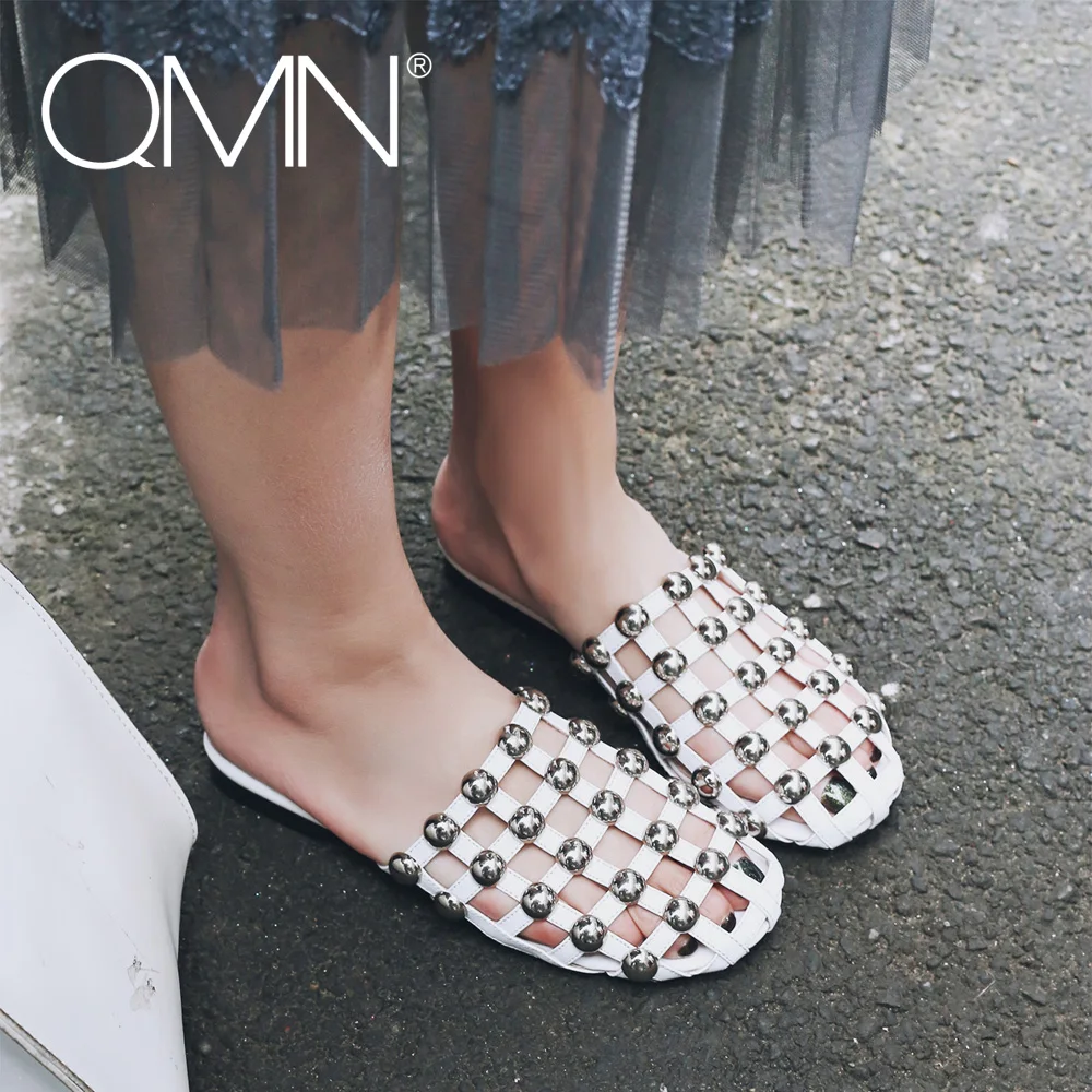 

QMN women genuine leather slippers Women Rome Style Studded Flat Heel Mules Slip On Summer Casual Shoes Woman 2017 New Slides