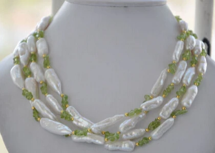 

HOT 0015209 4strands 23mm white biwa freshwater pearl green crystal necklace