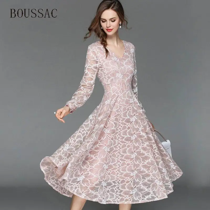 

2018 Spring Autumn Lace Dress Work Casual Slim Work Women Party Dresses Summer V-neck Sexy Hollow Out A-line Vintage Vestidos