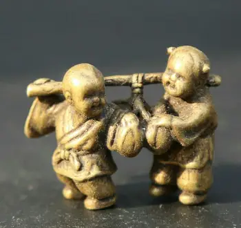 

1.4" Small Curio China Bronze Lovable Young`Boy Girl Sending Peach Statue