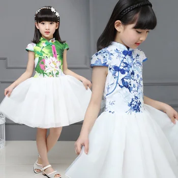 

Chinese Style Girls Summer Evening Party Dresses Princess Dress Girl Floral Print Clothes Kids Net Yarn Dress For Gills 6-12Year