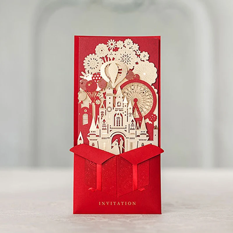 

(100 pieces/lot) Wholesale Red And Champagne Wedding Invitation Card 3D Pop Up Castle Bride And Groom Luxury Invitations CW5073