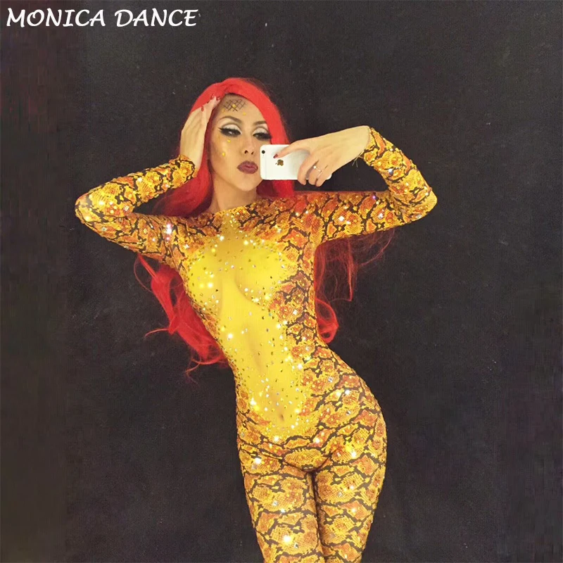 

Gold Snake 3D Printed Stage Jumpsuit Sparkling Crystals Bodysuit for Nightclub Party DJ DS Singer Stage Wear Women Sexy Costumes