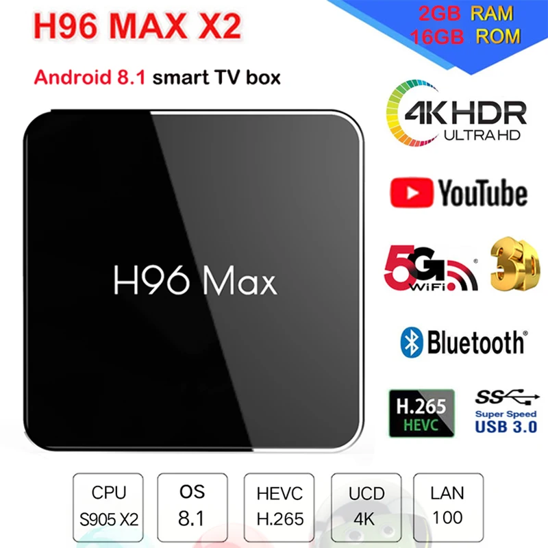 

H96 MAX X2 Android 8.1 smart TV BOX Amlogic S905X2 4K Media Player 2GB 16GB Quad core USB3.0 2.4G/5G Wifi 4K H.265 Set top box