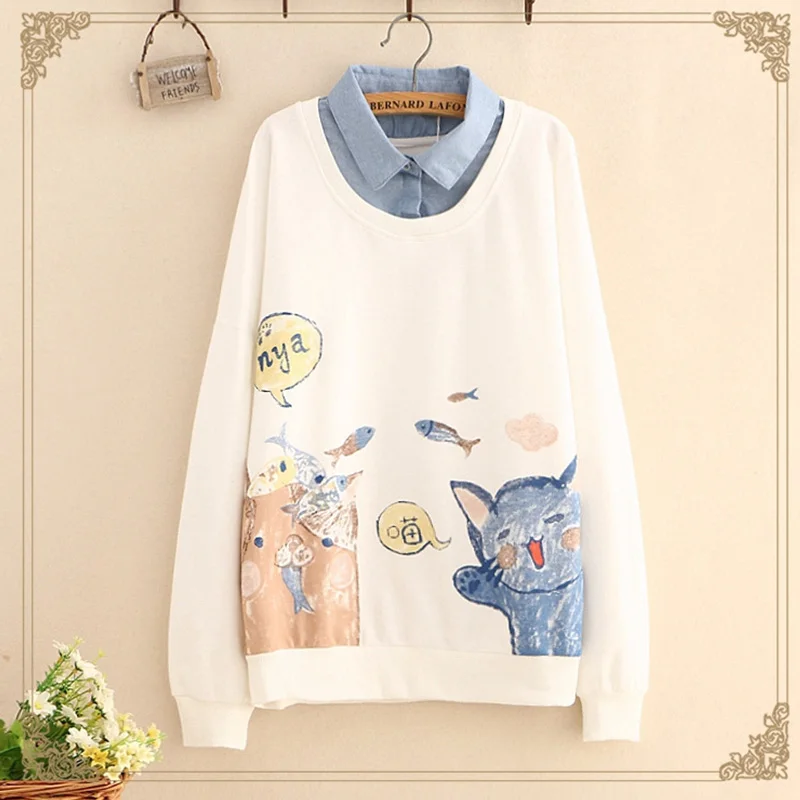 

Spring Autumn Sweet Pullover Sweatshirt Women Fake Two Piece Hand Drawn Cartoon Printing Turn Down Collar Female Sweatshirt Z116