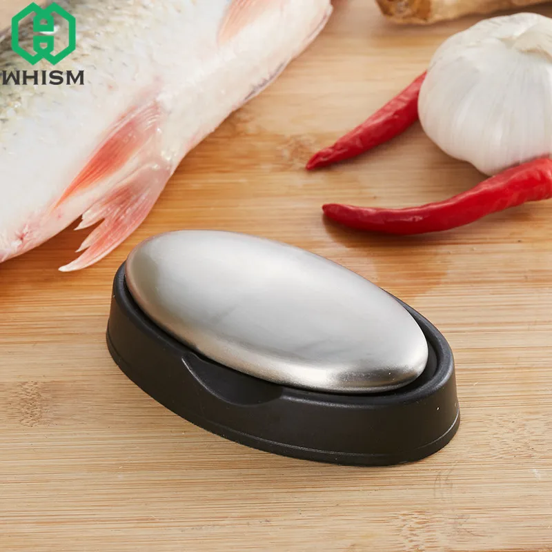 

WHISM Stainless Steel Soap Oval Shape Fish Smell Magic Hands Eliminating Soap with Holder For Kitchen jabon de acero