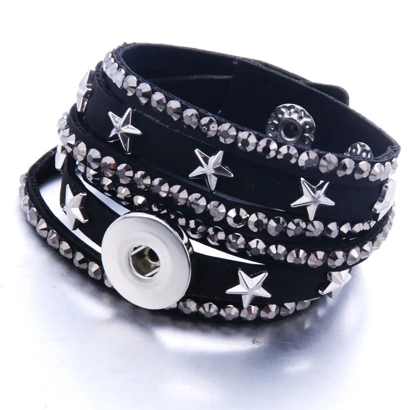 New Star Snap Button Jewelry Leather 18mm Snap Button Bracelet Punk Multilayer Leather Bracelet Armband Snaps Jewelry 1256