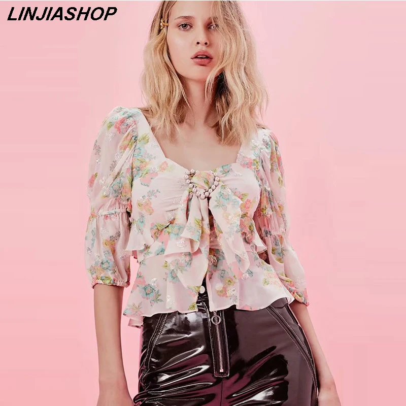 

Elegant french summer women pink tank top beading ruffles print bow tie split backless bloggers style designer new arrivals 2019