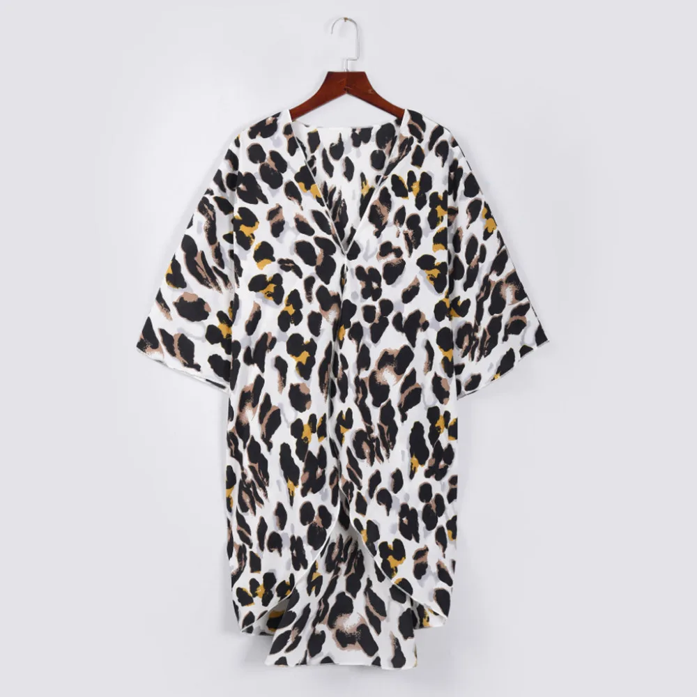Leopard Long Cardigan Women 34 Sleeve Chiffon Kimono Cardigan Beach Swimsuit Smock Cardigan Plus Size Camisa Feminina 40MR05 (3)