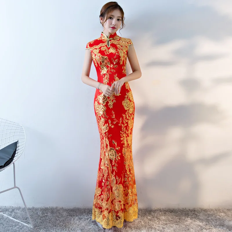 Китайское традиционное платье женское тонкое Cheongsam вышивка блестками современные восточные длинные Qipao вечерние платья - Цвет: color3