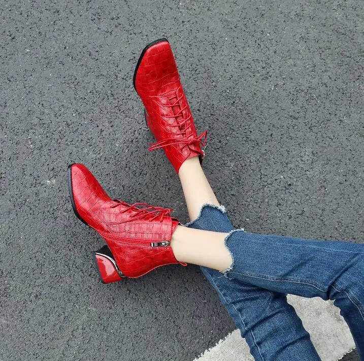 

Red Women's Ankle Boots Lace Up Zipper Real Sheep Leather Shoes Plush Lining Warm Winter Shoes Black E60