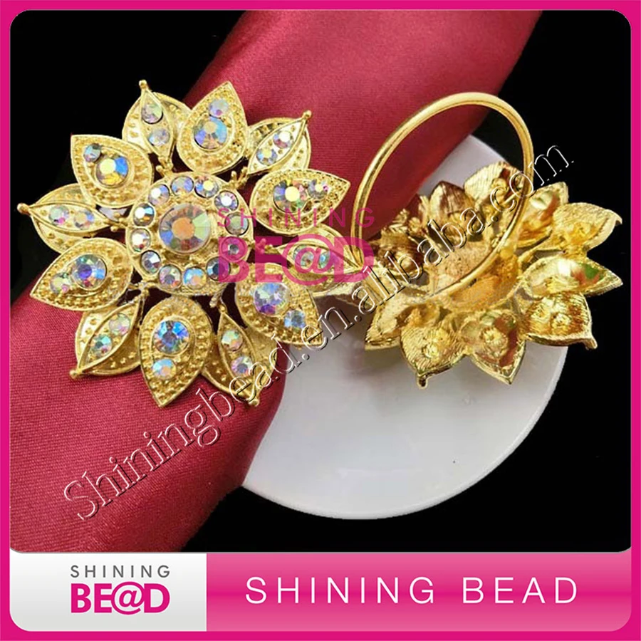 

50pcs/lot+AB color Gold Flower Rhinestone Napkin Ring For Wedding Dinner Table Decoration