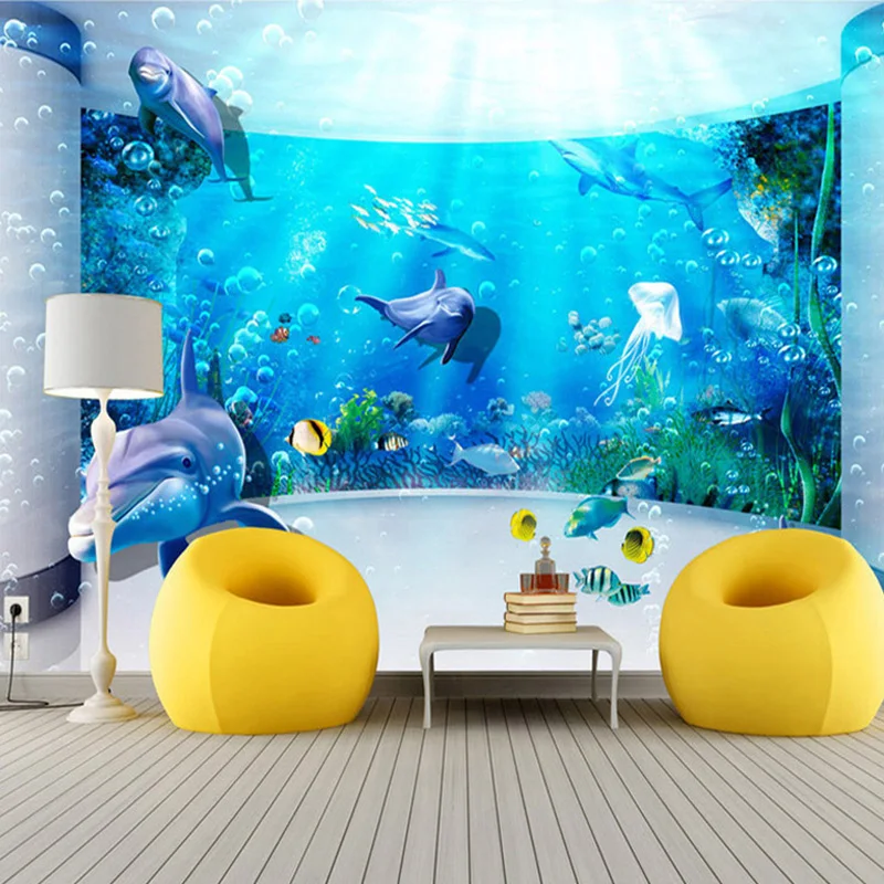 

Custom Large Wall Painting 3D Extended Space Aquarium Dolphin Ocean Underwater World Living Room TV Background Wallpaper Murals