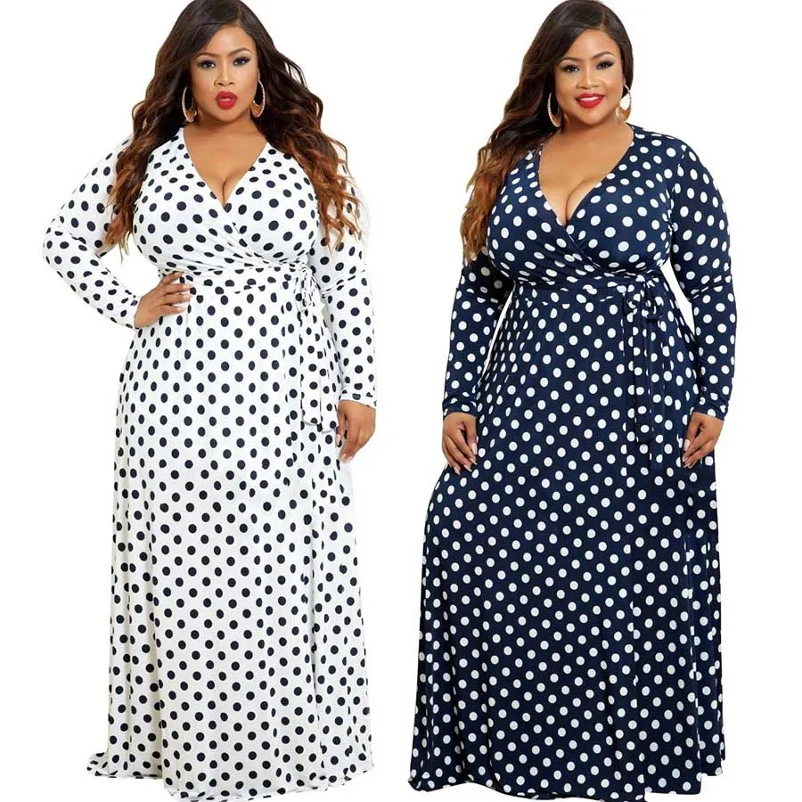 

Plus Size Dress Women Beach Bohemian Vestido Long Sleeve V Neck Floor Length Dress Polka Dot Print Long Maxi Dresses 5XL Belt