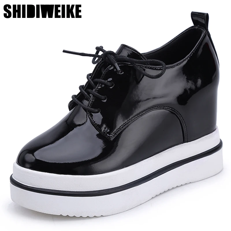 2018 Spring Women Wedge Platform Rubber Brogue Leather Lace-Up High heel Shoes Round Toe Increased Internal Creepers SIZE 35--39 | Обувь
