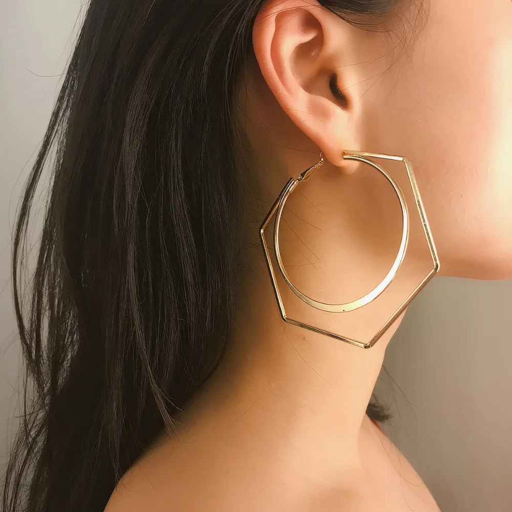 

Trendy Large Square Hoop Earrings Big Smooth Circle Earrings Double Layers Brincos Brand Loop Earrings for Women Jewelry