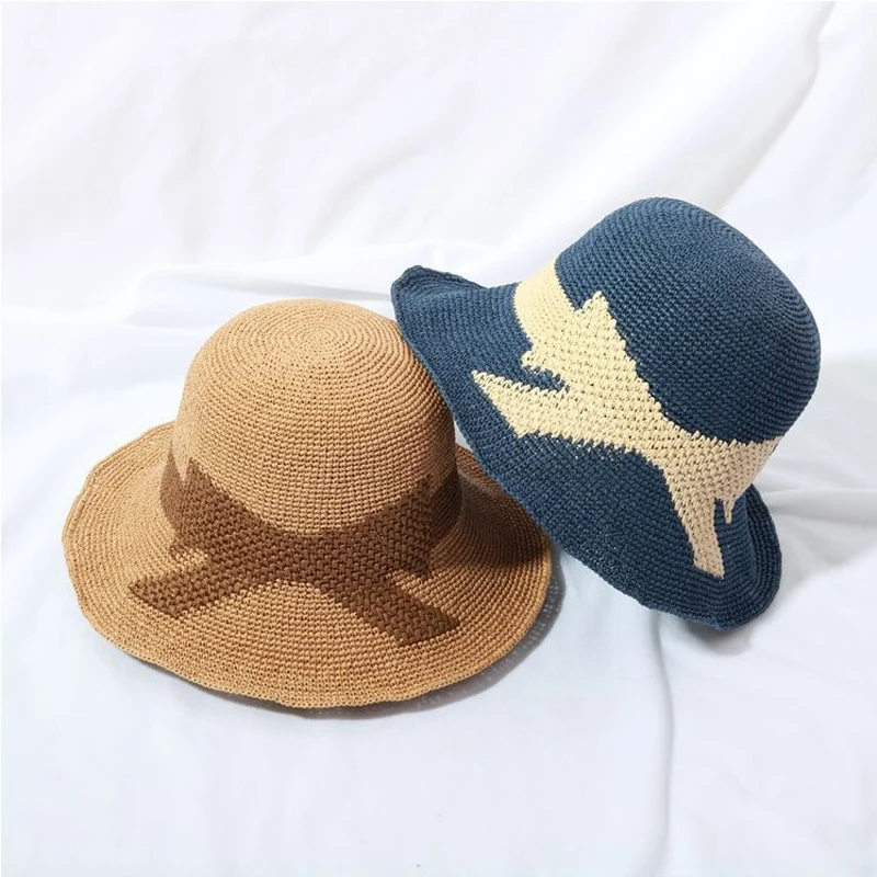 

Spring And Summer Hand-Woven Lafite Straw Hat Travel Fisherman Hat Basin Hat Wild Shade Splicing Bow Raffia Straw Beach Hat