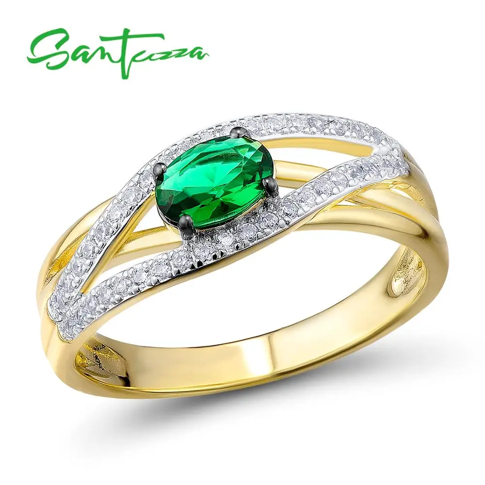 Женское серебряное кольцо SANTUZZA, 925 пробы, серебряные Модные кольца для женщин, зеленые камни, кубический цирконий, кольца, вечерние ювелирные изделия