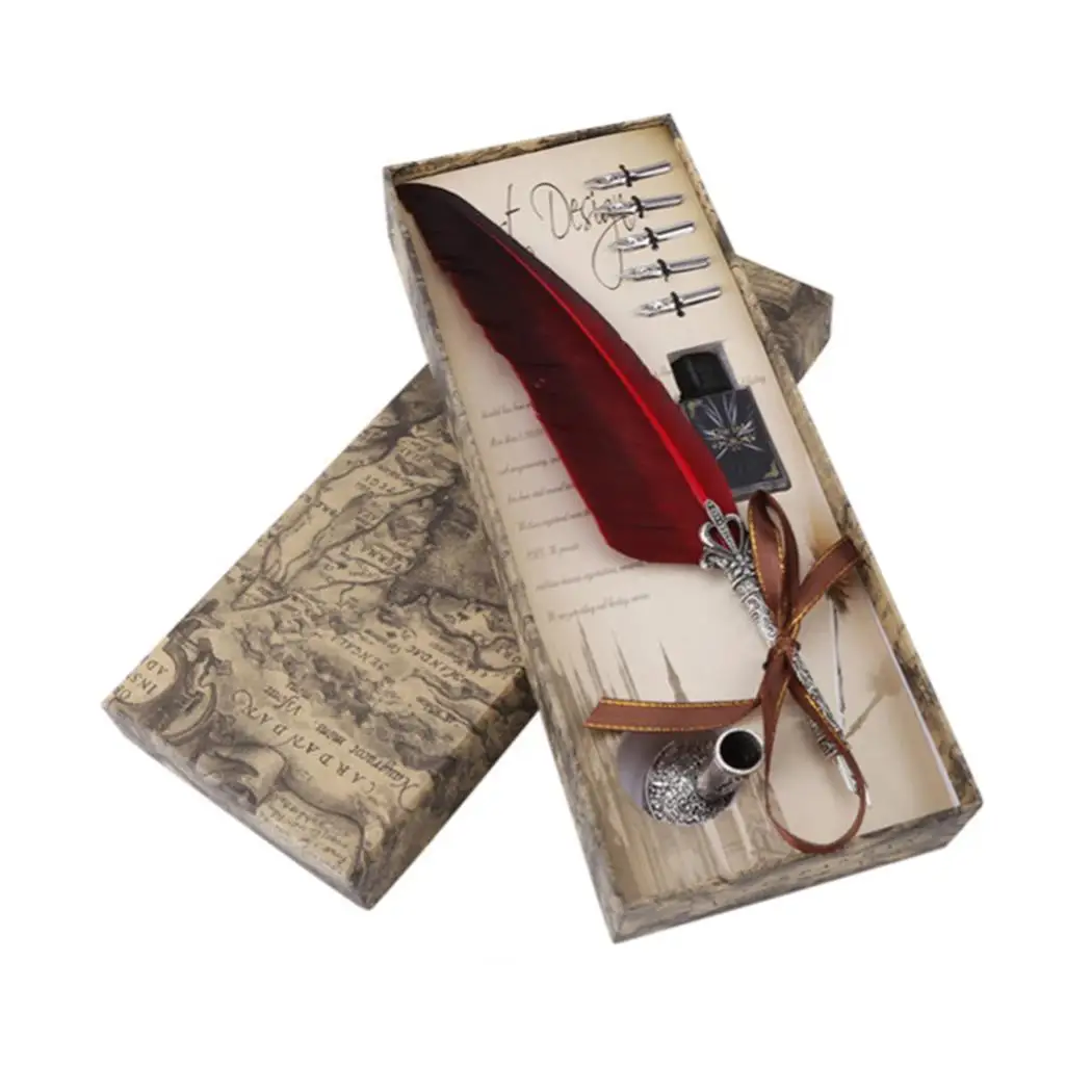 

English Calligraphy Feather Dip Writing Ink With 5 Flat About 30cm/11.8inch Nibs Fountain Pen Set
