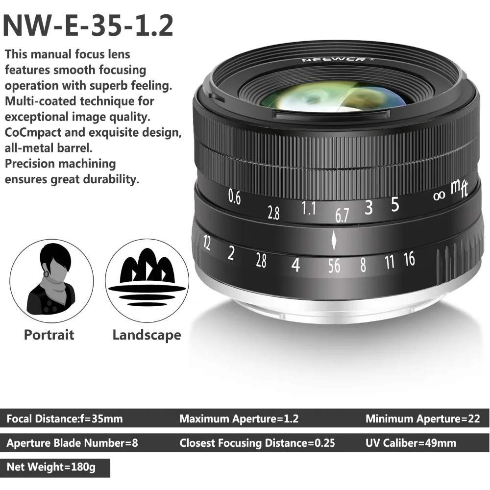 Neewer 35 мм F1.2 Большая диафрагма Prime APS-C алюминиевый объектив для sony E Mount беззеркальных камер A6500 A6300 A6100 A6000 A5100