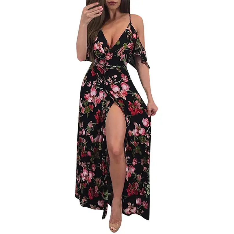 New Womens Fashion Summer Sexy Casual Elegant  V Neck Dress Elegant Lady Bohemia Floral Printed Dress #4A23 (2)