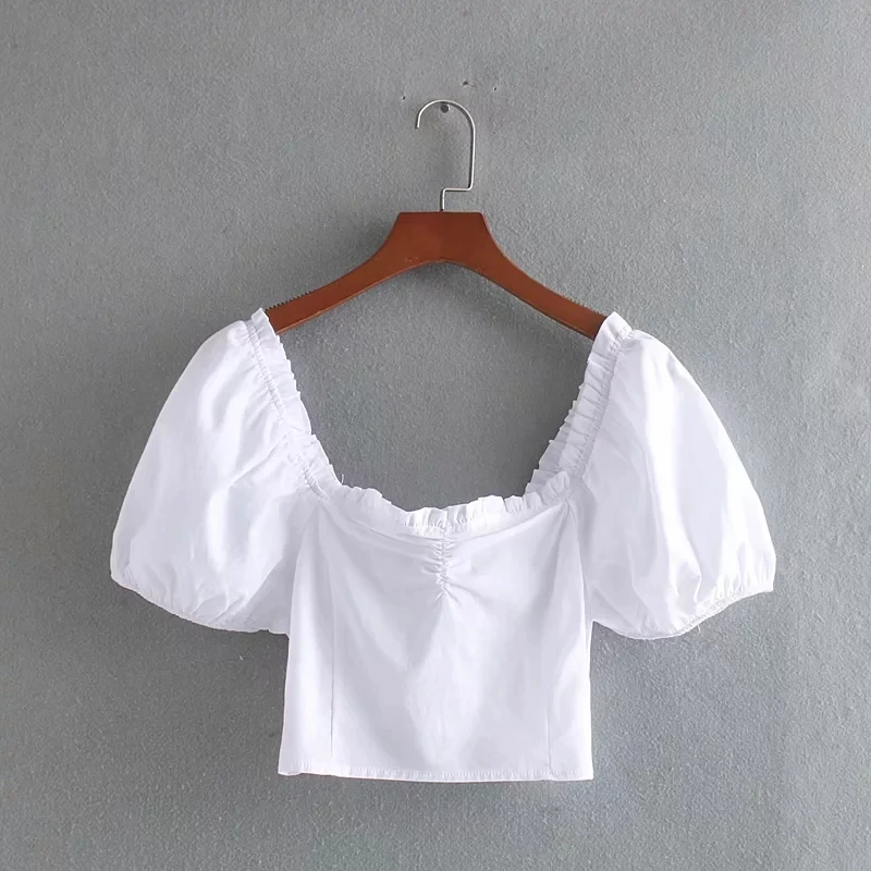 

Solid Female Ruched Square Collar Blouse Women Crop Tops Leisure Puff Sleeve Shirt 2019 Summer Elastic Smock S5855