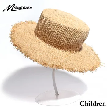 

Child Girls Boy Flat Top Real Raffia Straw Sun Hat Kids Large Brim Beach Summer Children Cute Boater Beach Hat 50CM 2019 New