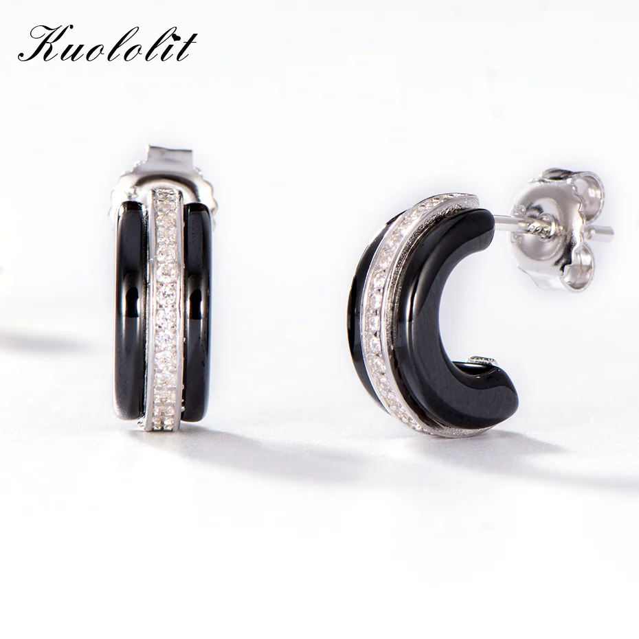 

Kuololit 925 Sterling Silver Earrings for Women Jewelry Black Ceramic Stud Earrings with Cubic Zircon Engagement Fine Jewelry