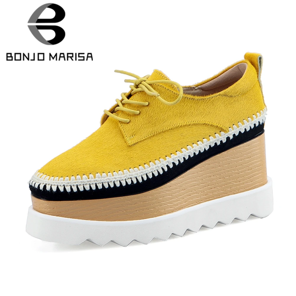 

BONJOMARISA 2019 Spring New Fashion Horsehair Flat Platform Shoes Women lace-up Sewing Flats Girl Casual High Heel Shoes Woman