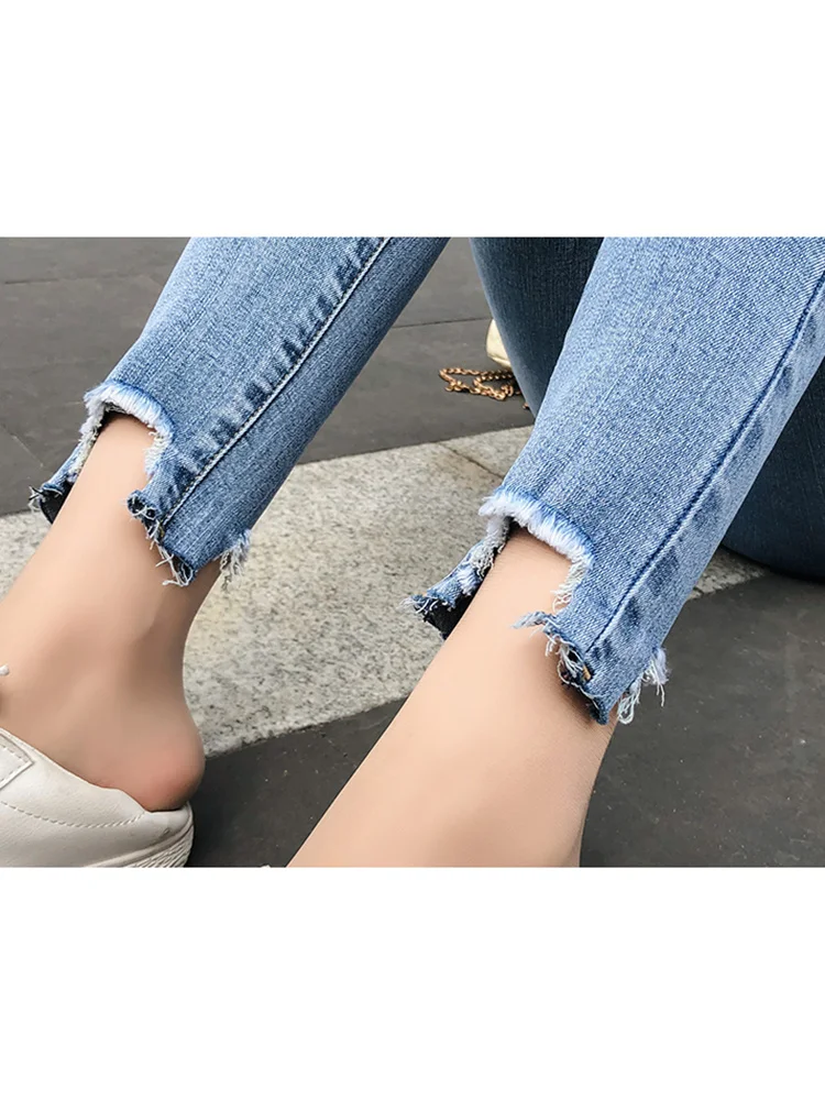 JUJULAND синий Bleach Wash Distressed рок джинсы Для женщин Повседневное Высокая Талия Button Fly Ripped Брюки обтягивающие джинсы 8138