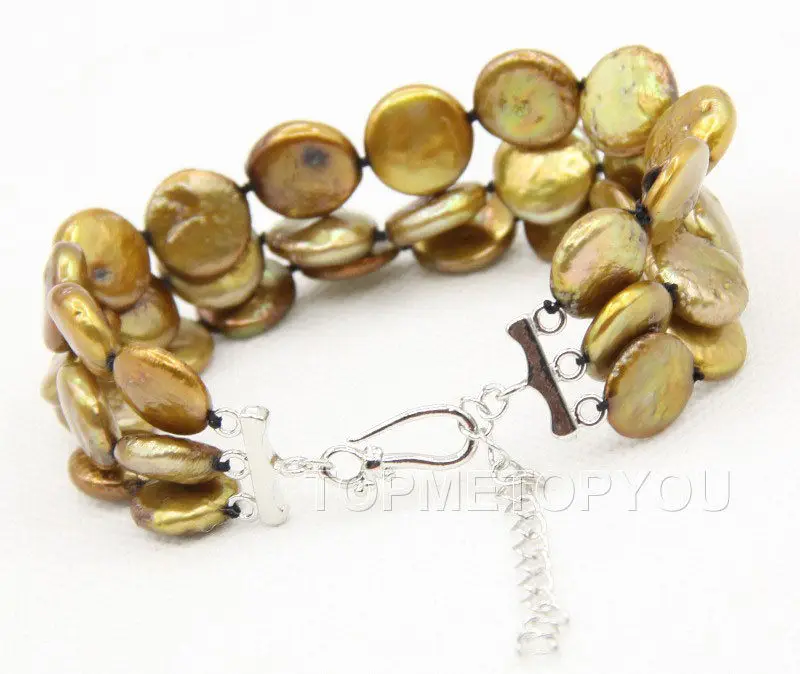

Free Shipping >> 7"-9.5" 3row 12mm coin fastener light coffee pearls bracelet