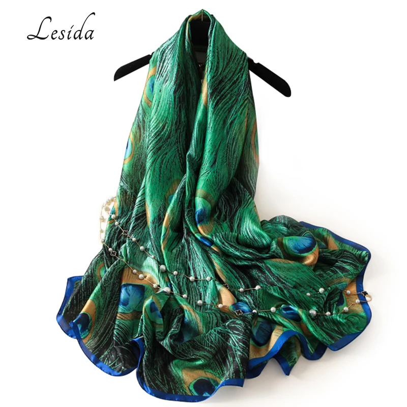 Lesida Элитный бренд Для женщин зеленый шелковый платок Павлин Перо принт Шарфы для - Фото №1