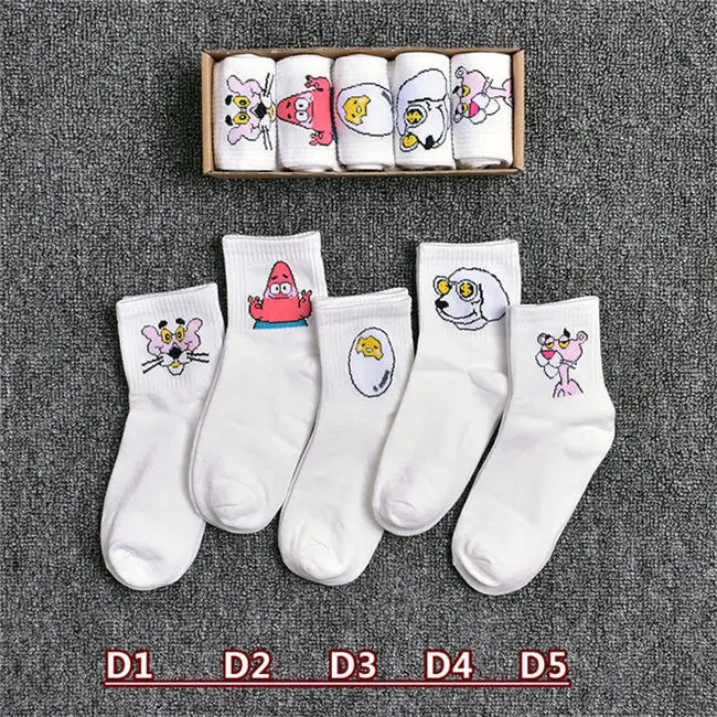 5 пар/лот носки для женщин Весна Лето Харадзюку мультфильм печати носки женские повседневные короткие носки хлопок кактус sox дамы meias - Цвет: D