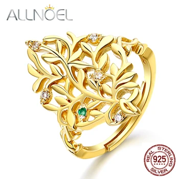 

ALLNOEL Solid 925 Sterling Silver Natural Emerald Ring Women Natural Emerald Gold Leaf Statement Engagement Vine Ring Jewelry
