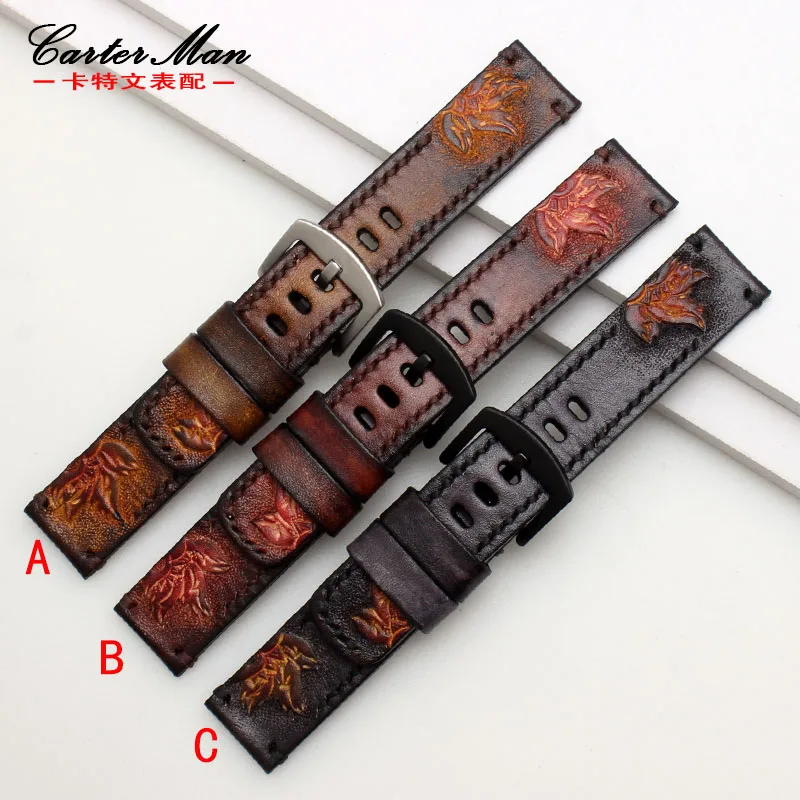 

High quality Sculpture retro genuine leather band for men's 22 24 26 28mm Tree cream skin watchband for SF|PA Wrist watch