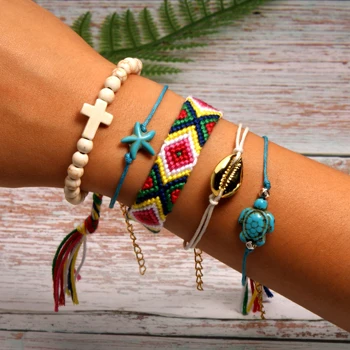 MOON GIRL 5 Pieces Puka Shell Bracelet Set Turtle Starfish Cross Beads Boho Weave Bracelet for Women Friendship Jewelry Dropship - Metal Color: 13