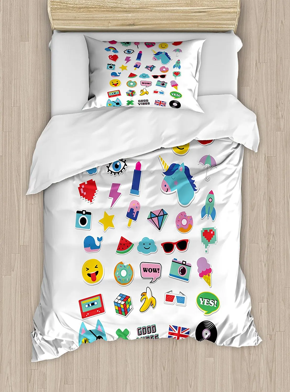 

Emoji Duvet Cover Set Pop Culture Elements Good Vibes Ice Cream Rocket Donut Star Cartoon Style Drawing 4 Piece Bedding Set