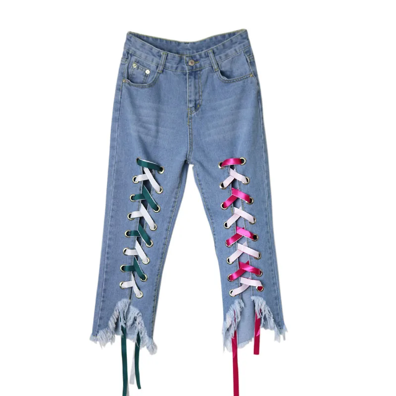2017 nowych moda lato Fajne Liny Lace-Up Projekt Kobiety Dżinsy Ripped jeans Dla Kobiet Plus Size Kobiet Jeans Denim Spodnie Femme